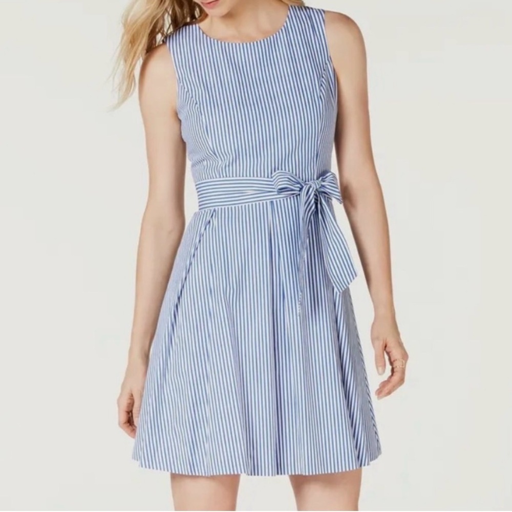 Papagallo Blue White Pinstripe Striped Tie Waist Cotton Dress Size 18
